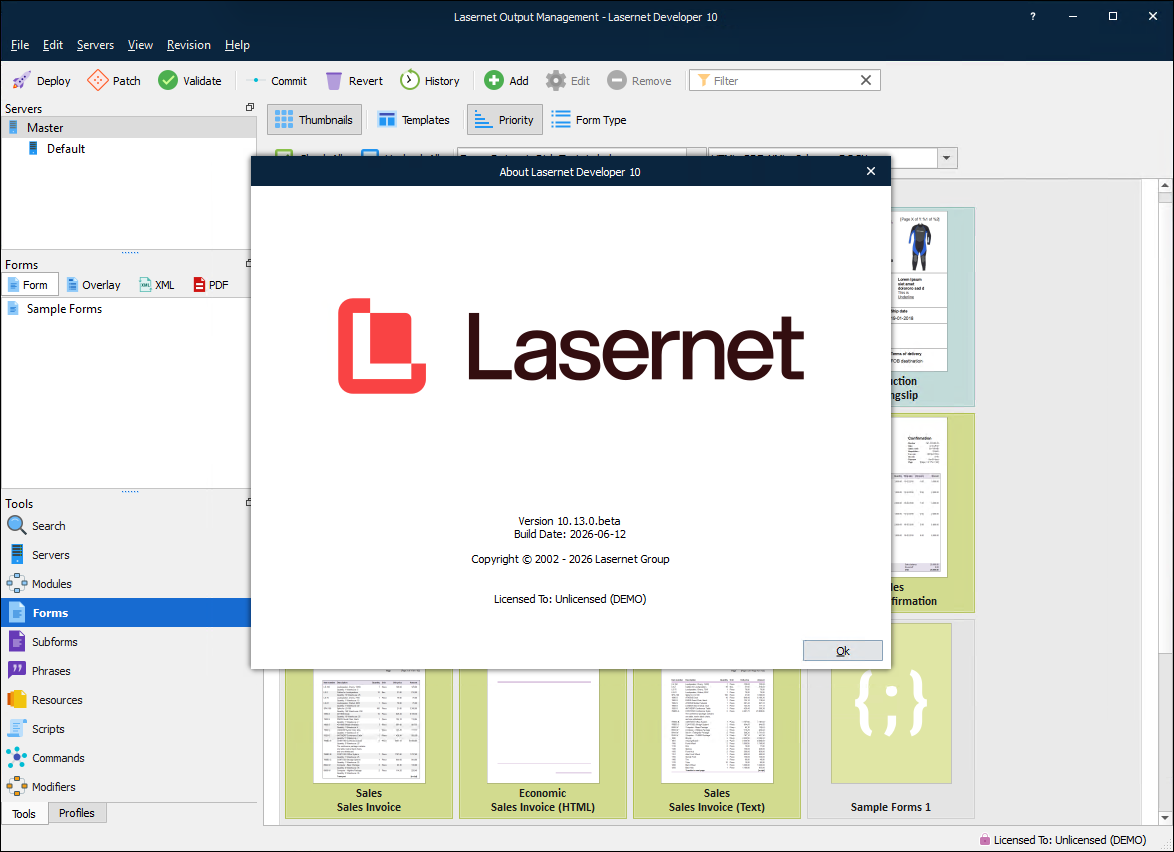 The About box in Lasernet Core 10.13